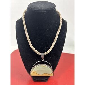 Vintage MCM Leather Twist Rope Necklace With Obsidian Sterling Pendant Mountains